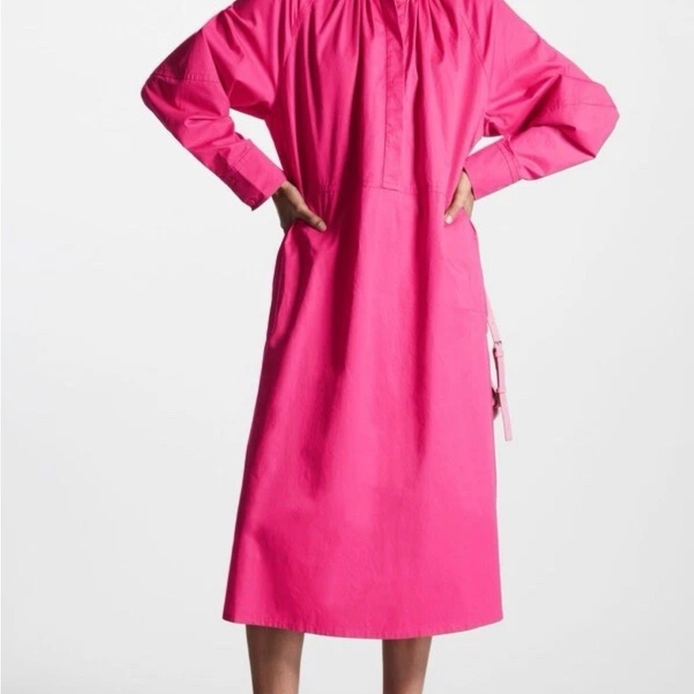 COS Womens Relaxed Front Long Sleeve Lagenlook Gathered Midi Shirt Dress Size 10